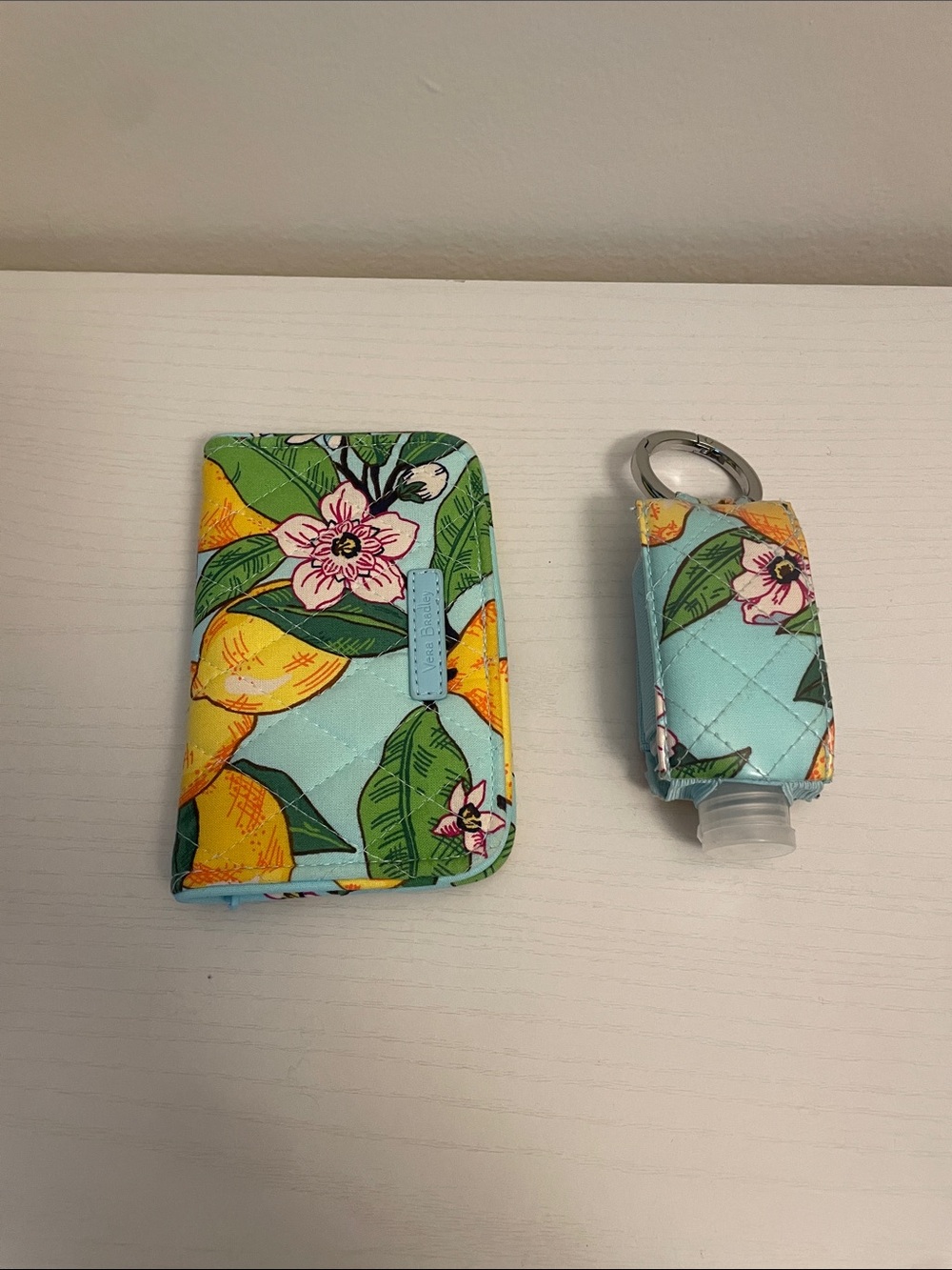 Vera Bradley Lemon Floral Quilted Card Wallet & Hand Sanitizer Keychain - Aqua